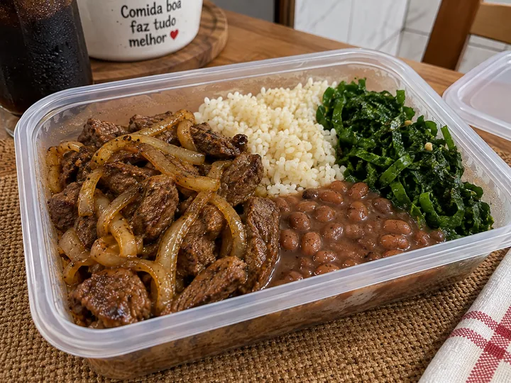Marmita de Carne Acebolada, Arroz e Feijão